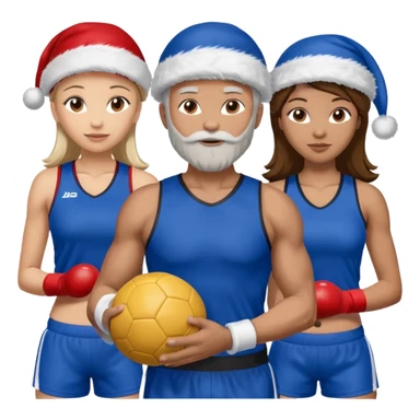 crie a imagem de 3 atletas, um homem no meio e duas mulheres, de modalidades esportivas diferentes, usando elementos esportivos, como por exemplo bola de futebol, luvas de luta e bola de vôlei... e usando um chápeu de papai noel das cores verde e azul e roupas azul sticker