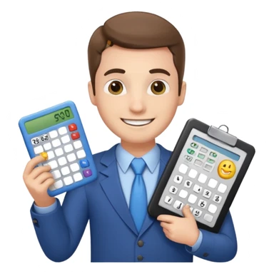 emoji, of a male AUDITOR smiling with Finance spreadsheet , a calculator,plus ADD A puzzle and a Balance for accounting. sticker