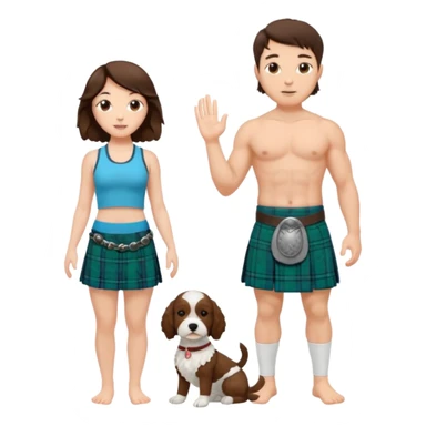 emoji of brunette man wearing kilt, brunette woman in yoga outfit and white cockapoo sticker