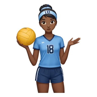 girl volleyball player with dark skin and black hair in a bun with a light blue headband, white and navy blue jersey with the number 18, navy blue shorts, and a volleyball in her hand sticker