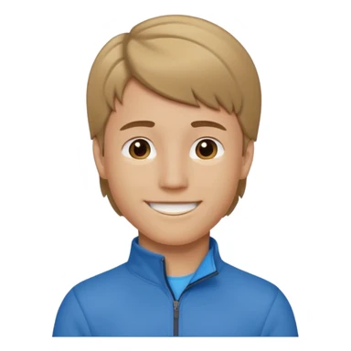 boy with dark blonde hair in a mullet with a neat blue undershirt and brown quarter zip sticker