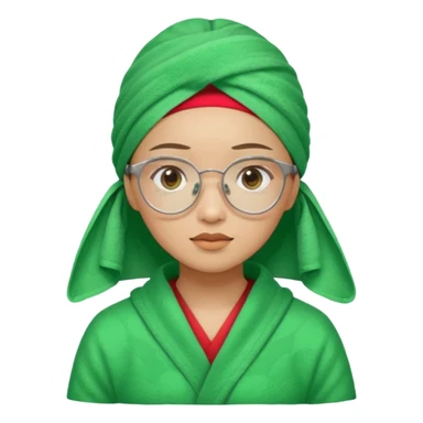 Asian woman wearing a green towel in her head with a broken glasses on her face in red pajamas sticker