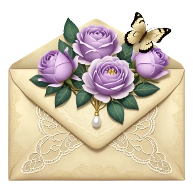 A delicate still life of an aged love letter sealed with golden wax, placed on a vintage lace doily, accompanied by a bouquet of pale purle roses and white peonies, with a shimmering pearl butterfly resting on the envelope. sticker