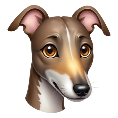 Cinematic Cute Brindle Greyhound Portrait Emoji, Head tilted playfully and inquisitively, featuring a sleek brindle Fur with subtle variations and round, sparkling eyes filled with curiosity, Simplified yet irresistibly adorable features, highly detailed, glowing with a warm, friendly glow, high shine, affectionate and nimble, stylized with a touch of whimsy, bright and endearing, soft glowing outline, capturing the essence of a mischievous yet loving companion, so playful it feels like it could sprint out of the screen and into your arms! sticker