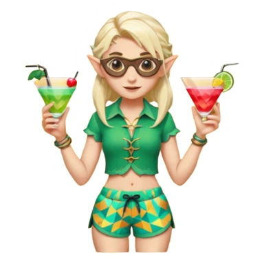 elf female legolas portrait, patterned board shorts (geometric/abstract), unique wooden-framed sunglasses, undercut hairstyle, slight smirk, visible pointy ears, no background, centered emoji, hipster summer vibe coctails  sticker