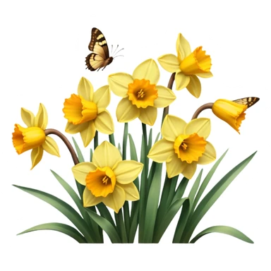 Bright yellow daffodils in full bloom with delicate brown butterflies fluttering around. Warm sunlight enhances the earthy and golden hues, creating a cozy, vintage feel. sticker
