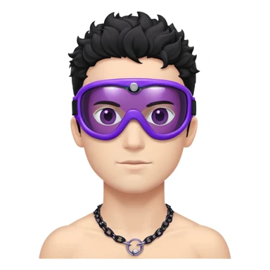 shirtless male athlete with white skin and moderately curly black hair on top with shaved sides, wearing purple ski goggles with black tinted lenses, and a simple plain black chain necklace, no earrings sticker