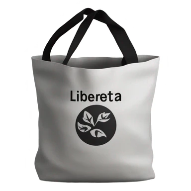 Gray ecological bag with black handles. The black inscription "Liberta" on the bag. Inside - a roll of fabric sticker