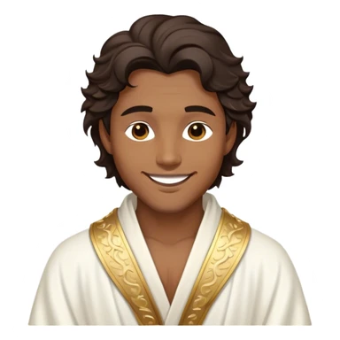 Cinematic Realistic Hercules Portrait, head tilted playfully and inquisitively, capturing the spirit of a timeless Greek hero with a warm, inviting smile. His bronze, marble-like skin and thick, wavy dark hair are rendered with classical precision, while his flowing white robe with delicate golden embellishments accentuates his muscular form. Soft natural light brings out the playful yet powerful essence of this legendary figure. sticker