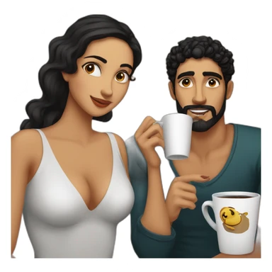 A woman in her twenties of Moroccan ethnicity with large black eyes, a small nose and long curly black hair, close-up of her face drinking coffee, with a bald, bearded man next to her. sticker
