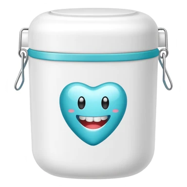 A small round plastic container with the phrase  "dental floss" on it sticker