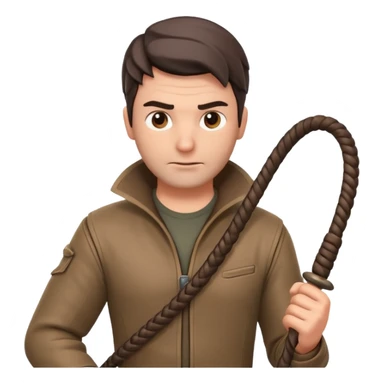 man with a whip portrait, head and shoulders only, whip coiled on shoulder, rugged outfit, confident look, 3D cartoon, mobile game icon style, clean background, no text, no watermark
 sticker