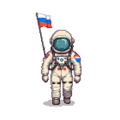 Cosmonaut walking on a planet surface, wearing a spacesuit with Russian flag, light hair and light skin visible through helmet sticker