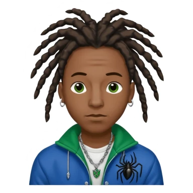 create a black male with locs and silver ear piercings and a left nose piercing and a spider necklace that’s black along with a varsity jacket that’s blue and green sticker