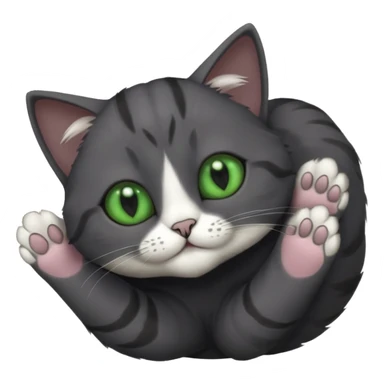 solid dark grey cat with green eyes, completely solid grey face, white toes/paws playing rolling upside down sticker
