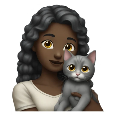 dark girl hugs a gray kitten with a bow sticker