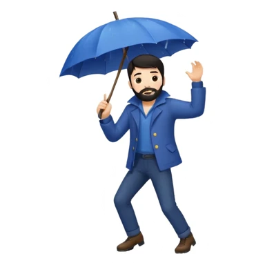 A dark-haired boy with a white beard dancing with an umbrella in the rain sticker