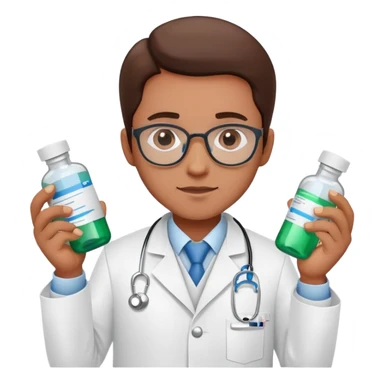 Pharmacist in white lab coat with medicine bottles and prescription pad sticker