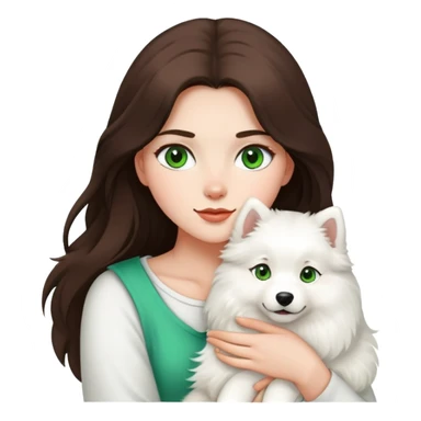 A brunette girl with long hair and green eyes holding a samoyed  sticker