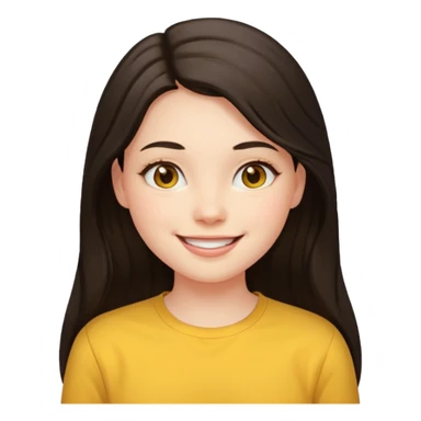 girl on a laptop, long dark hair white skin and yellow shirt long sleeves, smiling sticker