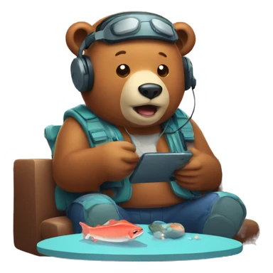 Bear wearing headset playing video game about catching salmon sticker