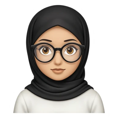 Create an ios iphone emoji of a girl with black hijab with black circle glasses dark brown eyes, light coloured skin and wearing a white top  sticker