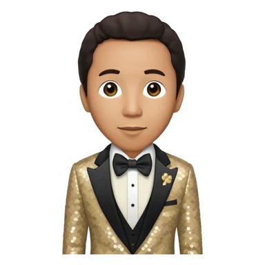 Smokey Robinson with dark brown hair, beige sequin suit with bow tie sticker