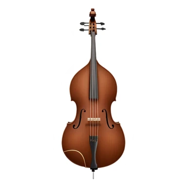 Create an elegant and detailed emoji representing a Gliga Gama double bass with bow. The design should showcase the large, sleek body of the double bass with its rich wood finish, including the characteristic curves and deep tone holes. The bow should be elegantly positioned next to the instrument, highlighting the hair and smooth wooden stick. Use warm wood tones like chestnut brown for the body of the bass, silver accents for the fittings, and dark brown for the bow. Add subtle musical notes or sound waves flowing from the bass to represent its deep, resonant sound. The background should be transparent. sticker