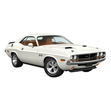 Accurate white 1971 Dodge Challenger, precise 30-degree three-quarter view, maintaining proper proportions and structure, detailed front grille and headlights, all-white exterior, iOS emoji style sticker