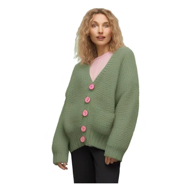 Sage oversize wool open short cardigan with pink buttons, isolated sticker