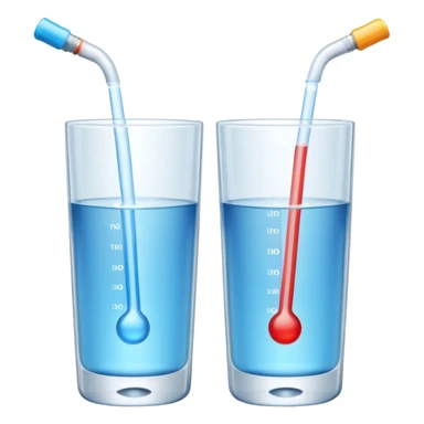 3D illustration of two glasses of water — one cold, one hot, with a thermometer inside each. Particles dissolving faster in hot water, slower in cold. Minimalist, clean, bright, modern 3D icon style. sticker