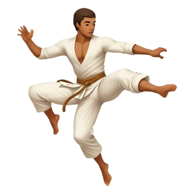 A capoeira fighter in mid-air performing a spinning kick, wearing traditional white capoeira pants and a cord, vibrant and flowing pose, surrounded by motion swirls sticker