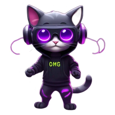 funny cat wearing a black hoodie with "OMG" letters on it and VR headset in a cyberpunk VR environment with violet neon lighting. sticker