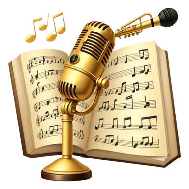 Create an elegant and refined emoji that represents classical or academic vocal performance. The design should feature a microphone, sheet music with musical notes, and a treble clef to symbolize the vocal artistry and music theory behind academic singing. Add subtle elements like a vocal warm-up chart or a grand piano to reflect the classical training. Use classic colors like gold, silver, and deep blue to emphasize sophistication and professionalism. The background should be transparent. sticker