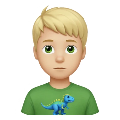 A blond boy with blue eyes wearing a green dinosaur T-shirt sticker