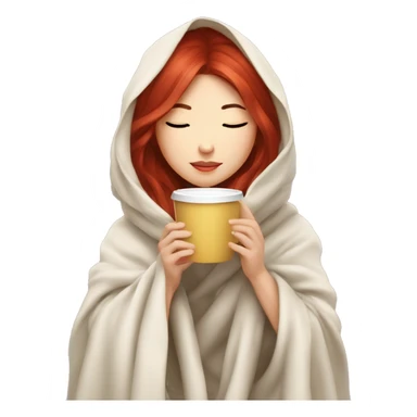 asian girl inside a blanket sipping coffee eyes closed red hair sticker