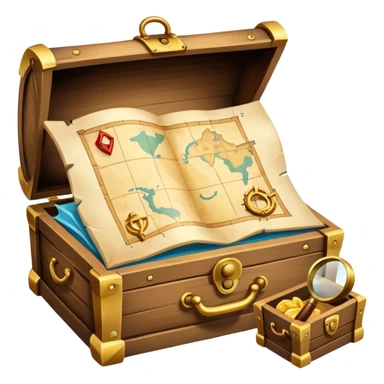 An icon depicting a treasure map with an open chest, surrounded by clues and mysterious symbols. A magnifying glass hovers over the map, symbolizing the thrill of discovery and adventure. Set on a transparent background, it should evoke the excitement of solving puzzles and exploring new worlds. sticker