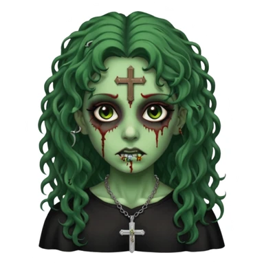 Zumbi verde com olhos castanhos aspecto de que tá sangrando, com cabelo castanho cacheado longo um piercing do lado esquerdo do nariz, roupa preta e crucifixo como colar, e também delineador  sticker