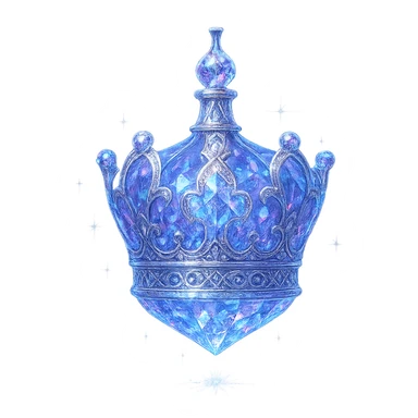 ultra luxurious crystal elixir bottle in crown shape, color #7986cb, multi-layered holographic and silver filigree, intricate crystal texture, magical glowing and sparkling effects, radiant light beams, very small neck, seamless ornate bottom, transparent background, bottle clearly floating in air, no base or shadow, not standing, modern, collection style, extremely beautiful and refined sticker