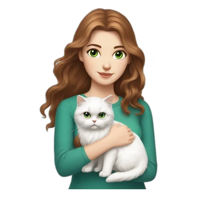 white girl with brown wawy hair and blue eyes, who hold a small white persian cat with green eyes sticker