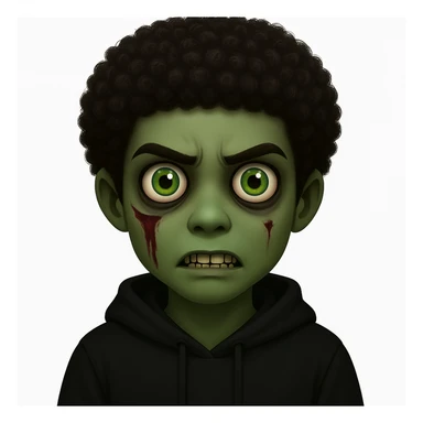 Change the hair to a Black hairstyle with tight curls or afro and add a black hoodie. Keep the boy zombie's green skin, emo vibe, and creepy expression. sticker
