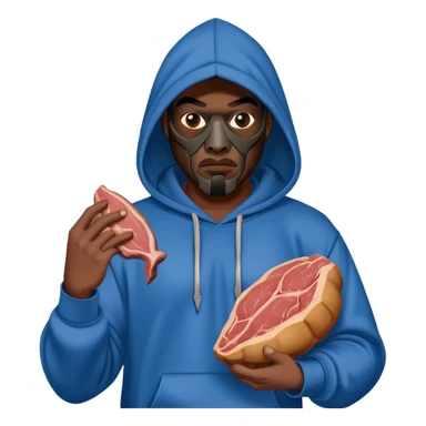 MF DOOM in a blue hoodie holding a piece of meat sticker