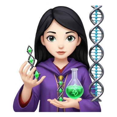 Female wizard with black hair holding a double helix DNA one hand and a methyl group in the other sticker