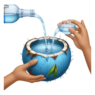 An uncut coconut with water being poured over it with hands cupping water sticker