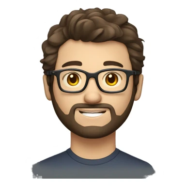 man with light skin, short messy hair, dark brown hair, with glasses, with a beard and short bogey. Happy computer technician with a laptop sticker