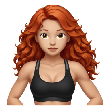 Athletic girl with long light red wavy hair and smaller boobs bigger arms. middle part and black sports bra, long hair sticker