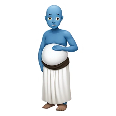 a blue skinned man with a stoic expression , pregnant, rubbing his belly. Bald. Side profile like the pregnant male emojji, cartoonishly simple face, they are rubbing the belly like a pregnant mother, side profile sticker