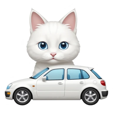 Please create a small emoji the size of 🚗 featuring a pure white cat with blue eyes on a white car viewed from side. Again it is necessary that the emoji must be extremely small, much smaller than a standard sized sticker. sticker