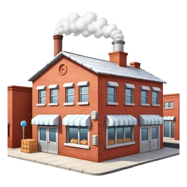 Exterior view of a small cartoon-style bakery factory, red brick walls, a single chimney puffing white smoke, metal pipes running along the walls and roof, cookie crates outside, emoji-style sticker