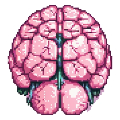 Make this pink melting brain icon more 3D with enhanced depth, shading, and highlights. Keep it fully front facing with pixel art accents. Background transparent. sticker